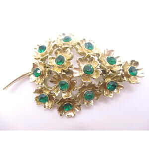 flower floral tree shape silver tone green rhinestone brooch pin 0304